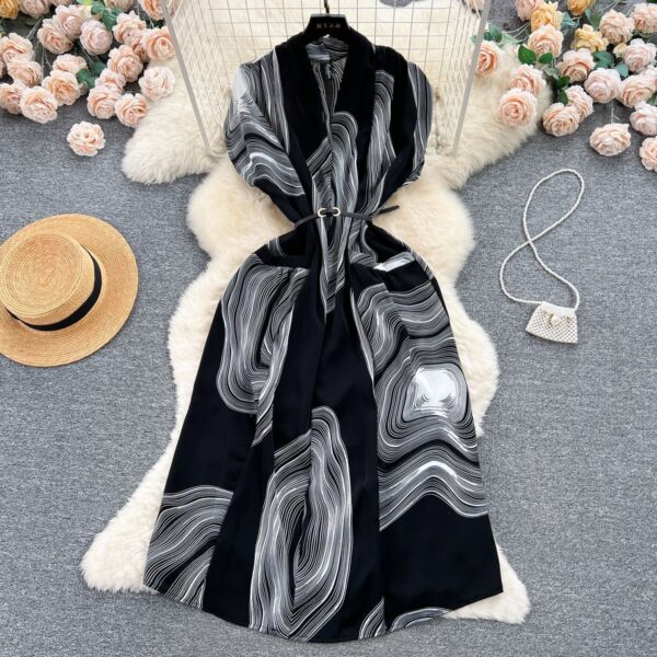 chiffon dress with a stunning black-and-white swirl pattern,