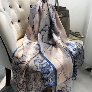 Beige & Blue Baroque-Inspired Floral Silk Scarf