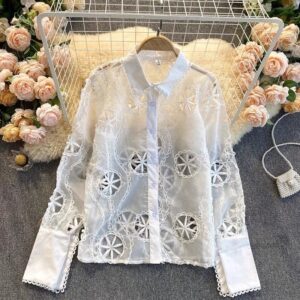 Delicate White Organza Embroidered Shirt with Floral Motifs