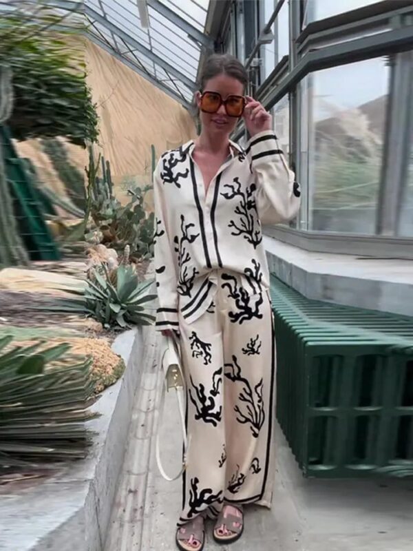 Elegant White and Black Printed Co-ord Set – Shirt and Trousers