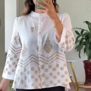 Elegant White Embroidered Khadi Cotton Top with Asymmetric Hem
