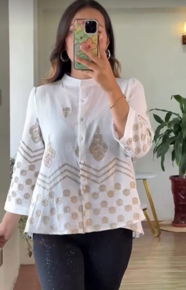 Elegant White Embroidered Khadi Cotton Top with Asymmetric Hem