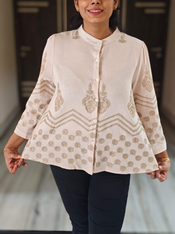 Asymmetric Embroidered Khadi Cotton Top – Ivory & Gold