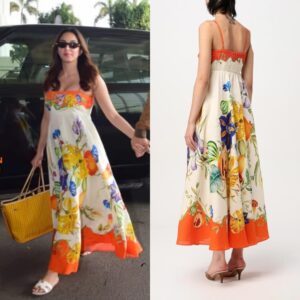 Vibrant Floral Print Maxi Dress with Orange Accents