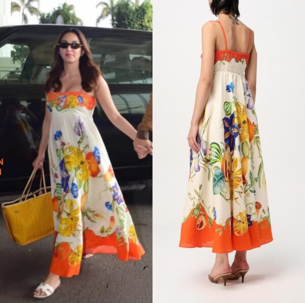 Vibrant Floral Print Maxi Dress with Orange Accents