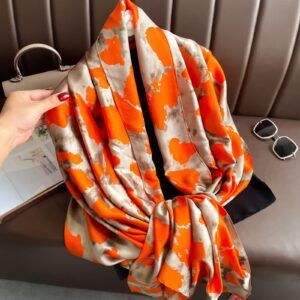 Bold Orange & Taupe Satin Scarf with Artistic Print