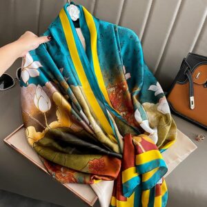 Vibrant Floral & Stripe Satin Scarf with Bold Colors
