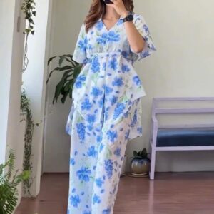 Blue Floral Print Chiffon Co-ord Set – Top and Wide-Leg Pants