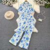 Blue Floral Print Chiffon Co-ord Set – Top and Wide-Leg Pants