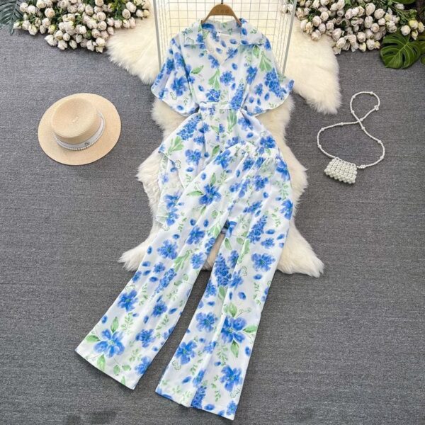Blue Floral Print Chiffon Co-ord Set – Top and Wide-Leg Pants