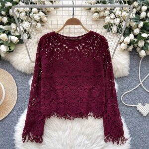 Wine Crochet Fringe Top for Women – Boho