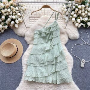 Mint Green One-Shoulder Ruffle Mini Dress