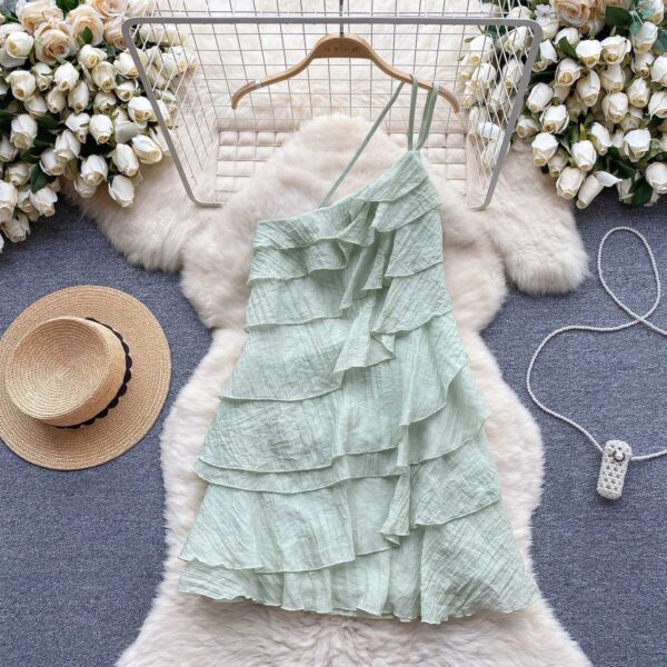 Mint Green One-Shoulder Ruffle Mini Dress