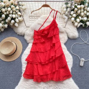 Red One-Shoulder Ruffle Mini Dress