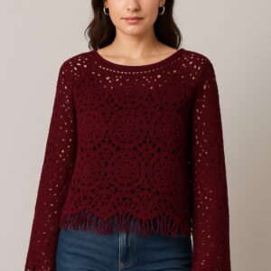 Wine Crochet Fringe Top for Women – Boho