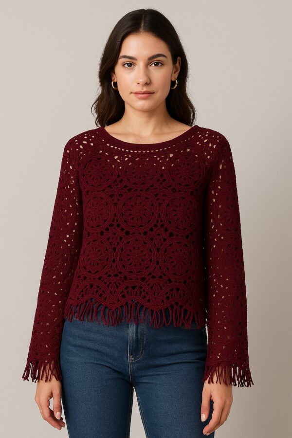Wine Crochet Fringe Top for Women – Boho